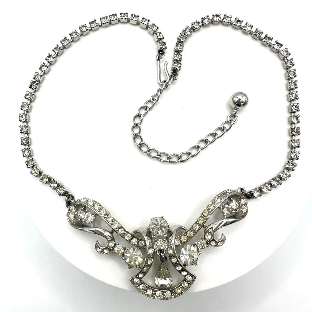 Coro Louise 1940s vintage silver tone clear rhinestones swag necklace